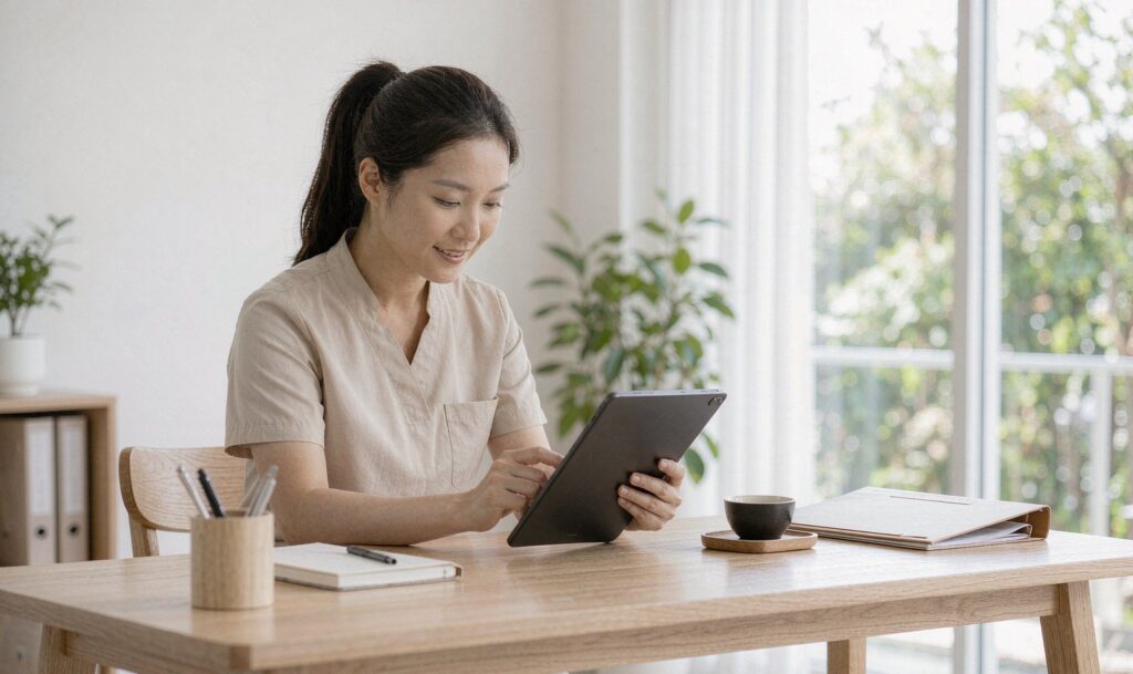 Massage booking coordinator confirming an appointment on a tablet at home