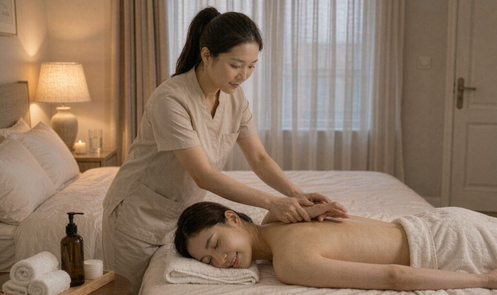 Evening back massage at home with warm ambient lighting
