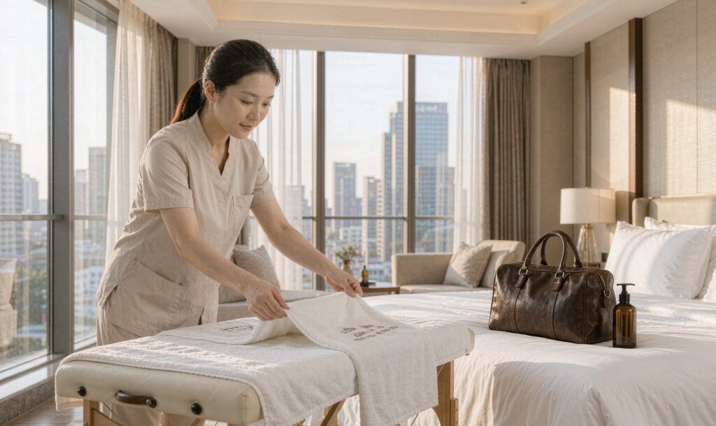 Professional massage therapist setting up a massage table in a client's living room