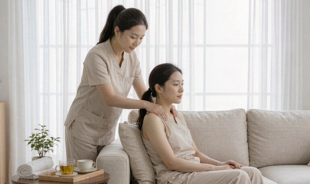 Therapist giving a relaxing neck and shoulder massage on a sofa at home