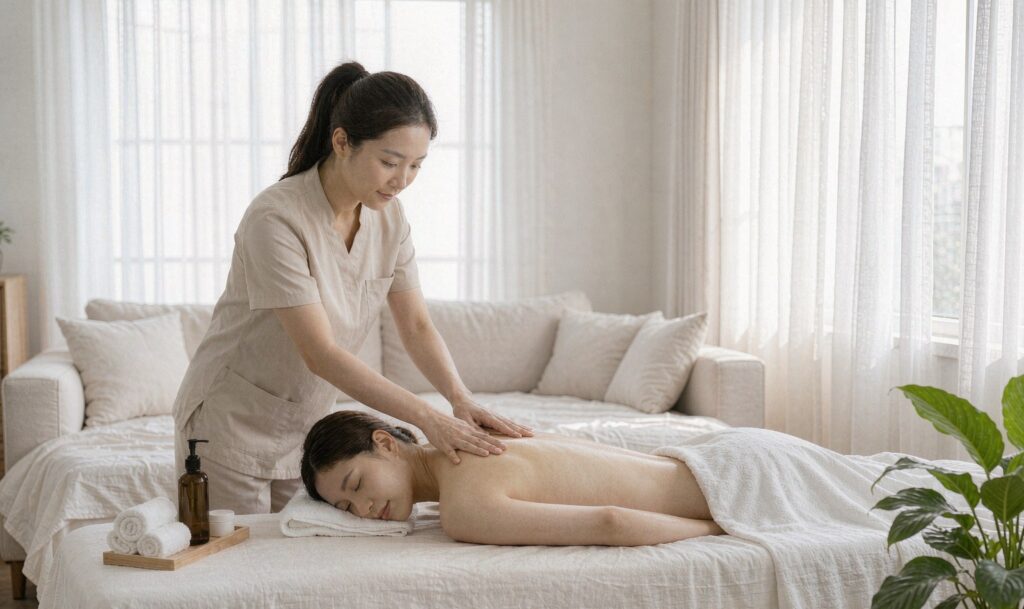Client receiving a relaxing back massage on a massage table in a bedroom