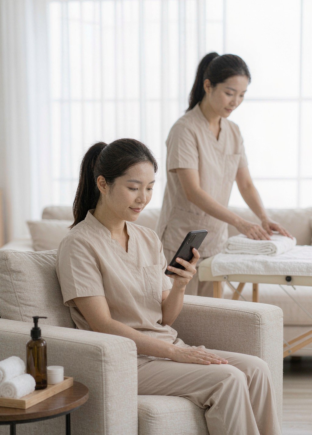 Client booking a massage on her phone while a therapist prepares the massage table