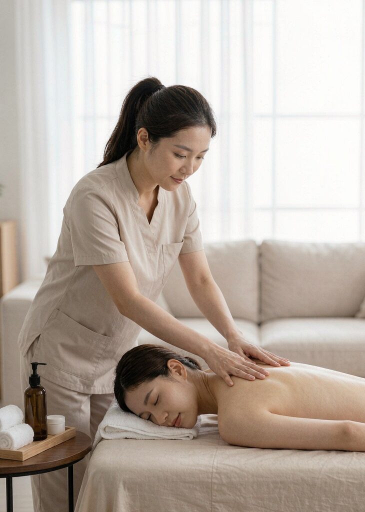 Professional therapist giving a relaxing back massage in a bright living room