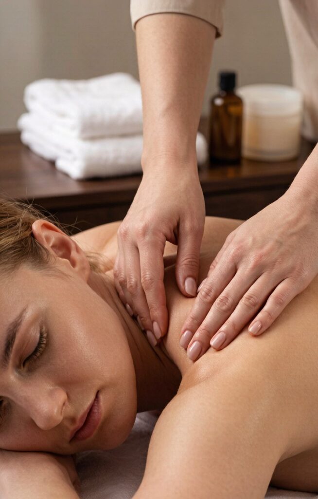 Therapist giving a relaxing back massage with towels and oil